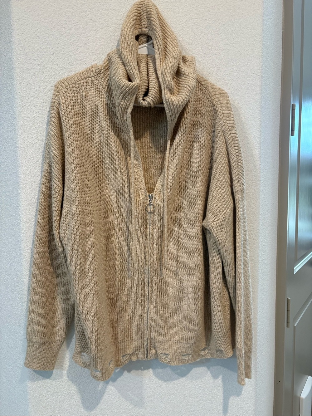 Beige Zip-Front Hoodie Sweater
